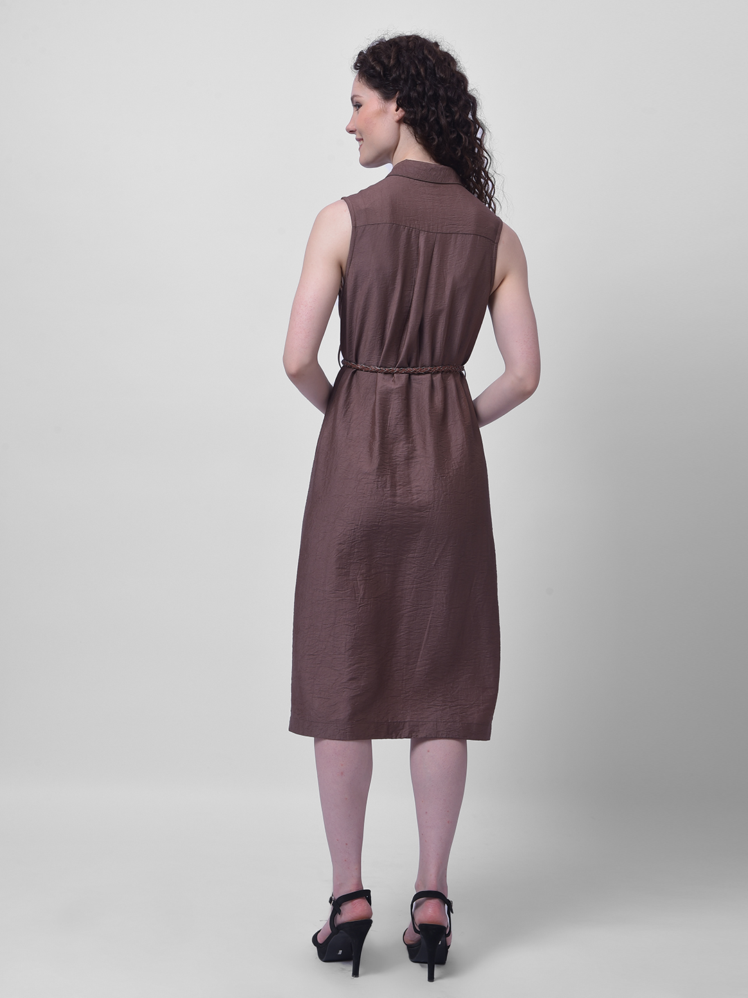 Numero Uno Women Brown Sleeveless Shirt Dress